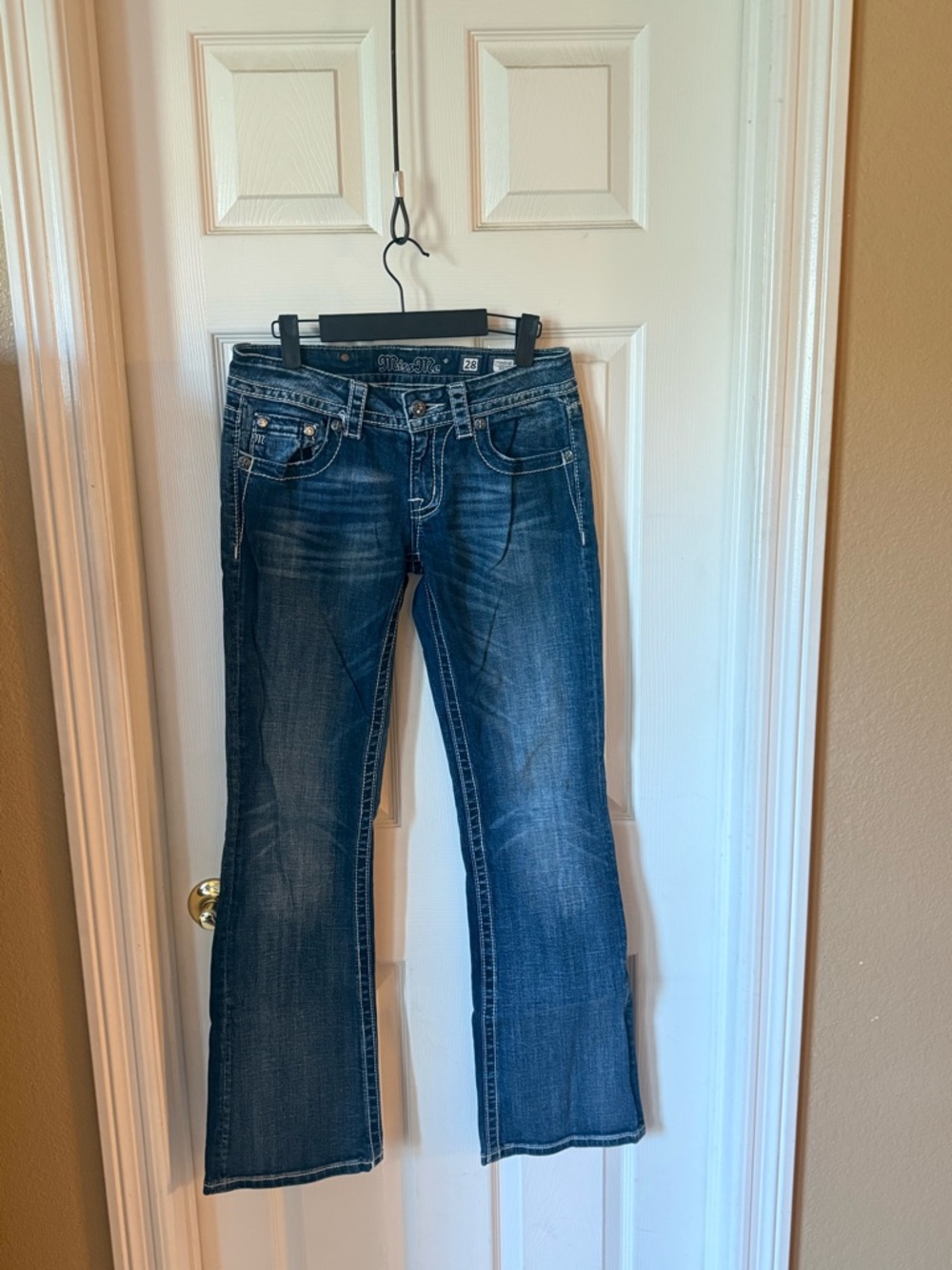 Miss Me Angel Wings Dark Blue Boot Cut Jeans with Subtle Whiskering. 28/32